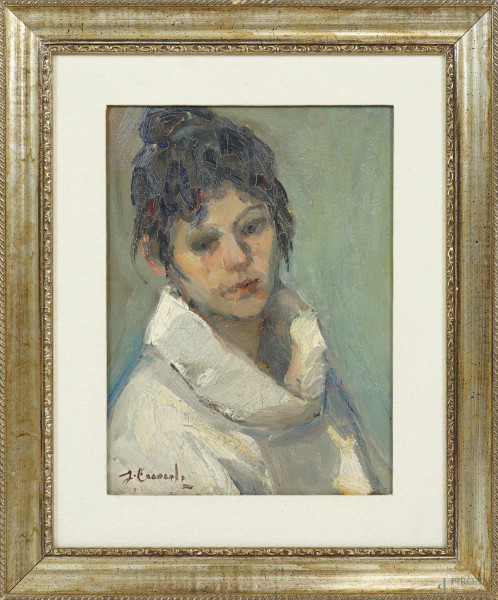 Gennaro Cuocolo (1916-?), Ritratto femminile, olio su tela, firmato in basso a sinistra G. Cuocolo, cm 40x30,2, entro cornice