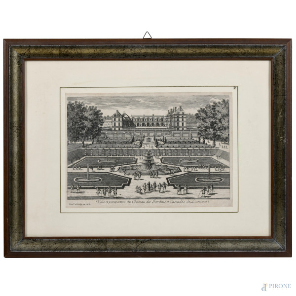 Nicolas de Poilly, acquaforte raffigurante Veduta dei giardini di Liancourt, cm 34x47 compreso passepartout, entro cornice