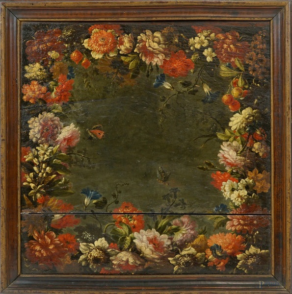 Scuola romana tra XVII-XVIII secolo, Ghirlanda di fiori e farfalle, olio su tavola, cm 56x56, entro cornice (difetti)