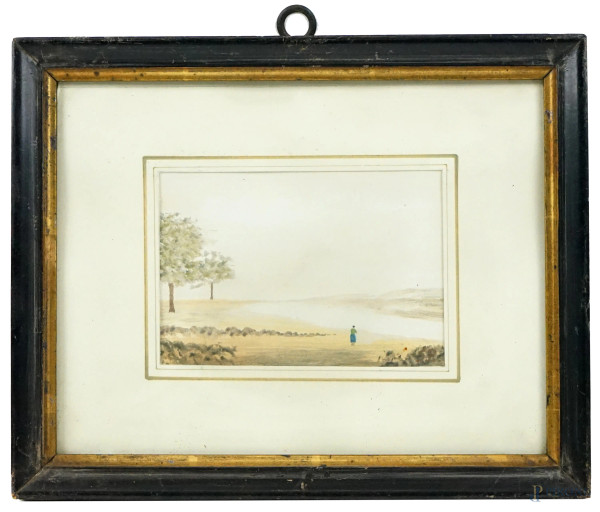 Paesaggio con figura, acquarello su carta, cm 9x14, XX secolo, entro cornice.