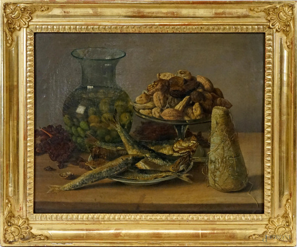 Gennaro Guglielmi - Natura morta, noci ed aringhe, olio su tela, cm  38x48, entro cornice, (lievissimi difetti sulla tela).