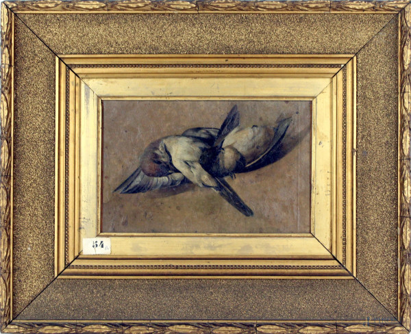 Natura morta-volatili, olio su carta, cm 14,5x22,5, XIX secolo, entro cornice