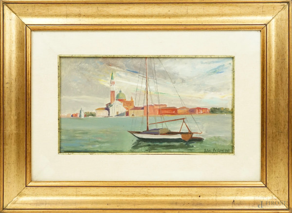 Isola di San Giorgio Venezia, olio su tavoletta, cm 19x34,5, firmato Silvio Polloni, entro cornice