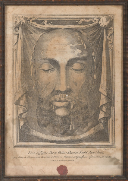 Vera Effiges Sacri Vultus Domini Nostri Jesu Christi, XIX secolo, acquaforte su lino, cm 36x25, entro cornice, (segni di umidità, bruniture, difetti)