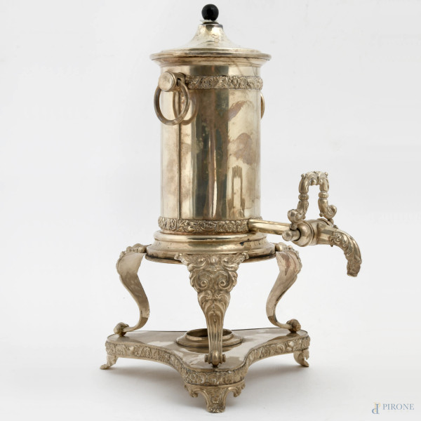 Samovar in argento cesellato con motivi floreali e vegetali, XIX secolo, cm 32x25x18, peso lordo gr  [..]