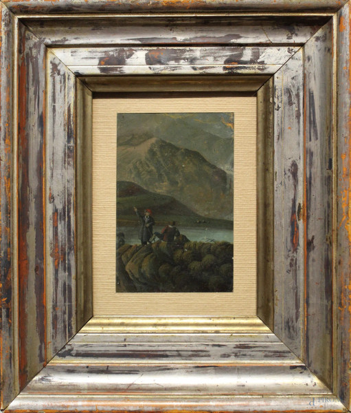 Paesaggio montano con figure, olio su carta, XIX sec., cm 12,5 x 8,5, entro cornice.