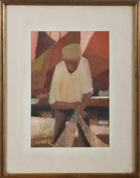 Dino Leonardi (1917-), Pescatore, olio su cartone, cm 43x33 compreso passepartout, firmato in basso a sinistra, entro cornice