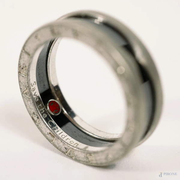 Anello a fascia Bulgari Save The Children, in argento e ceramica nera, misura 15, peso gr. 6,6 (m...