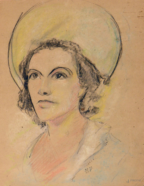 Artista del Novecento, Ritratto femminile, pastelli su carta, cm 20x25 circa, siglato M.F.   