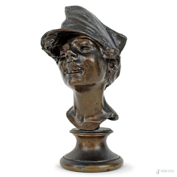 Testa di scugnizzo, scultura in bronzo, cm h 15.