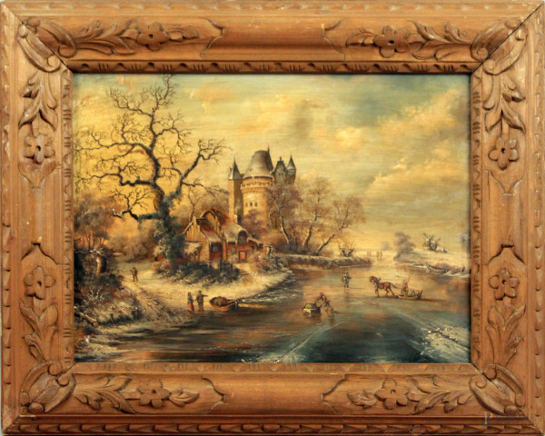 Paesaggio invernale con castello e figure, olio su tavola, cm 28x38, Scuola nordica, entro cornice.