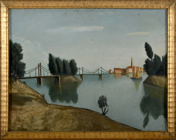 Paesaggio con fiume e ponte, olio su compensato, cm 54,5x71,5 entro cornice, seconda metà del XX secolo, firmato in basso a sinistra