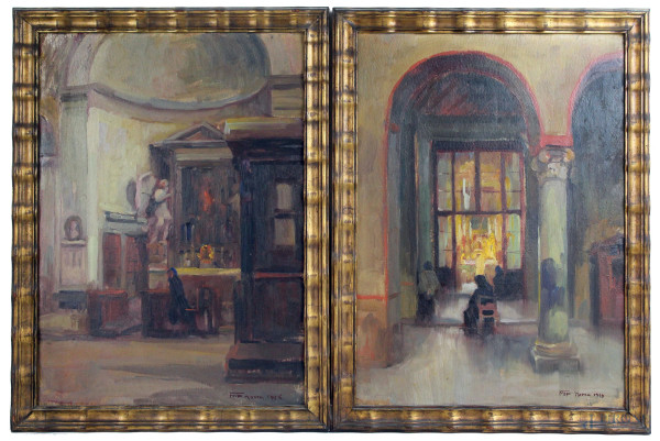 Coppia di dipinti raffiguranti interni di chiesa, olio su cartone, cm 46x34, siglati e datati, entro cornice