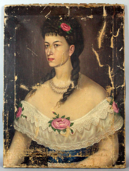 Ritratto di donna, olio su tela, cm. 68x51, XIX secolo, (difetti).