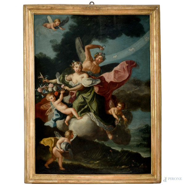 La Primavera sospinta da Zefiro,  XVIII secolo, olio su tela, cm 101x76, entro cornice
