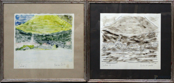 Coppia di paesaggi raffiguranti "L'isola dei pescatori", tecnica mista su carta, cm 30x33, firmati, entro cornici.