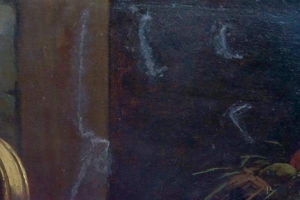 Natura morta con cacciagione, olio su tela applicata su cartone, XIX secolo, cm 82.5x100.5, entro...