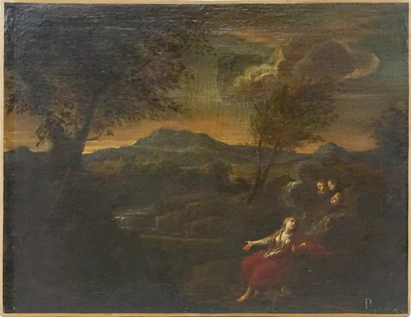 Scuola romana del XVII secolo, Paesaggio con Maddalena, olio su tela, cm 36,5x47.