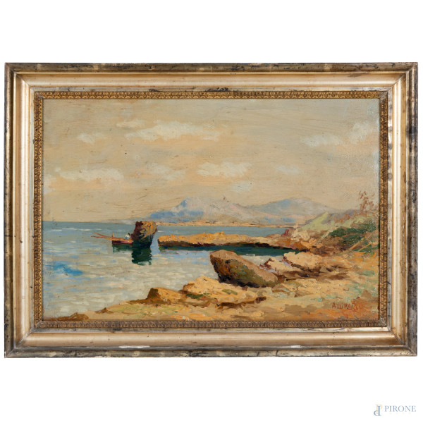 Marina con barche, XX secolo, olio su tavola (dipinto anche al verso), cm 35x54, firmato in basso a destra, entro cornice, (sollevamenti e cadute di colore, difetti)