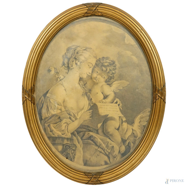 Venere e Cupido, disegno a matita su carta, cm 51x38,5, firmato, entro cornice, (macchie)