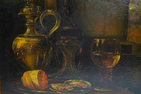 Pittore del XIX secolo, Natura morta con brocca, bicchiere e limone, olio su tavola, cm 45,5x57 e...