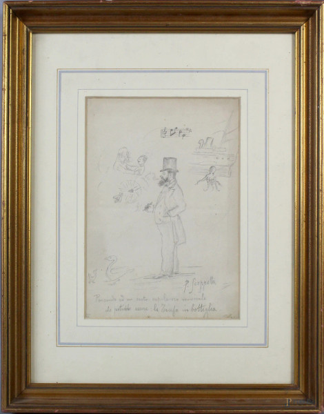 Gentiluomo con cilindro, bozzetto a matita su carta, cm. 23x17, firmato P. Scoppetta, entro cornice.