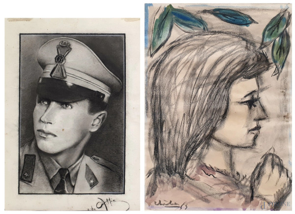 Ritratto di milite e ritratto di fanciulla di profilo, anni 50, matite grasse su carta, anni 50 cm 32x22 e 34x24, firmati