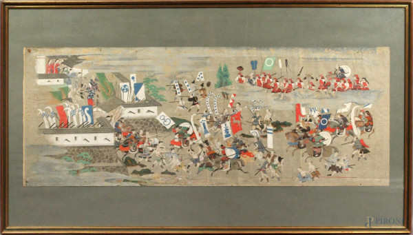 Battaglia tra samurai, tempere su carta, cm. 38,5x101, Giappone XVIII sec, entro cornice.