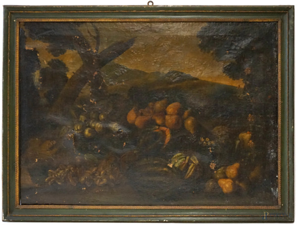Pittore del XVII-XVIII secolo, Natura morta- Pere, uva e meloni,  olio su tela, cm 99x138, entro cornice, (difetti sulla tela e cadute di colore diffuse).