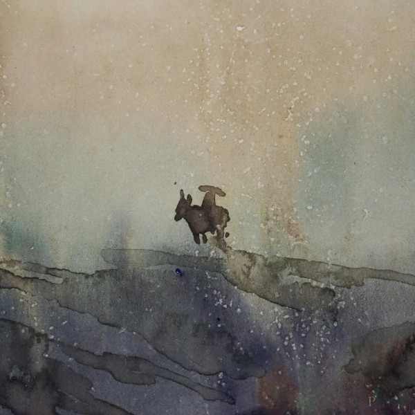 Artista del XX secolo, Tramonto autunnale, acquarello su carta, cm 50x65, siglato, entro cornice.