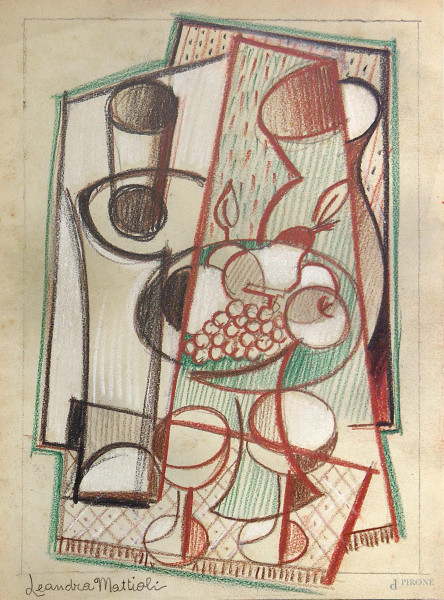 Leandra Mattioli (XX sec.) Natura morta con frutta e vasellame, composizione cubo-futurista a pastelli a olio su carta, cm 17x24, firmato.