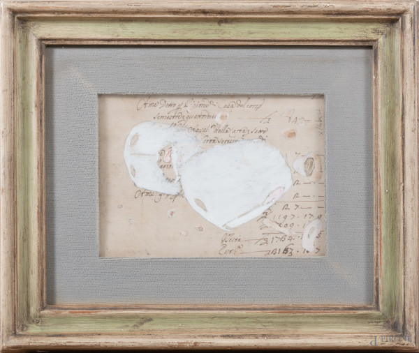 Maschere con pagina manoscritta, tecnica mista su carta applicata su tela, cm 22x15,5,  firmato in basso a destra, entro cornice, (lievi segni di usura)