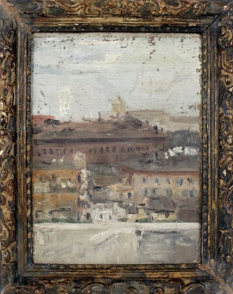 Scorcio di Roma, olio su tela, cm. 25x18, XX secolo, entro cornice.