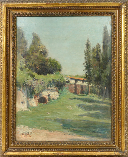 Francesco Lojacono - Paesaggio alberato, olio su tela applicata su cartone, cm 47x36, firmato in basso a sinistra, entro cornice