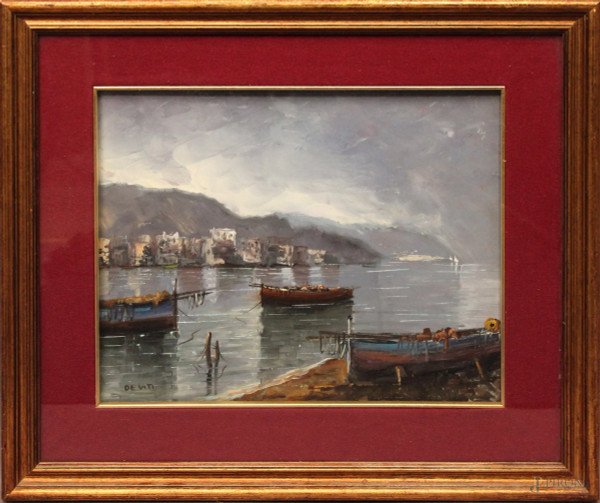 Scorcio di porto con barche, olio su tela 35x28 cm, firmato, entro cornice.