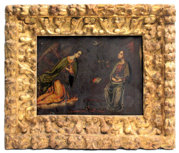 Annunciazione, pittore del XVI sec, ad olio su lavagna, cm, 37x28, entro cornice coeva