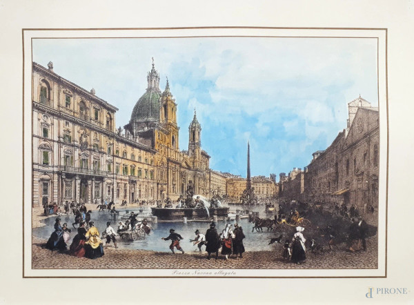 Veduta di Piazza Navona allagata, stampa acquarellata a mano, cm 48x35