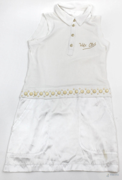 VDP Mini Clab, vestito smanicato bianco da bambina in doppio tessuto, due tasche ed applicazioni beige, taglia 12 anni, (macchia).