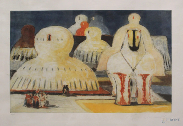 Villaggio e personaggi, litografia a colori di Salvador Dalì 36/50, 100x70 cm, entro cornice.