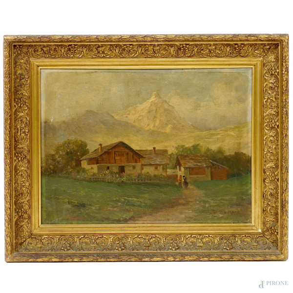 Paesaggio montano con figure, olio su tela, XX secolo, firmato in basso a destra, cm 48x64,5, entro cornice