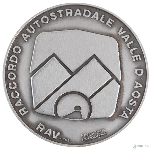 Moneta commemorativa per l'autostrada IRI Italstat tratta Aosta-Morgex Saint Pierre 1994 in argento 986/000, diametro cm 3, peso gr 20