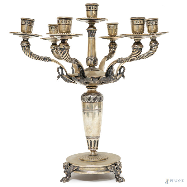 Candelabro a sette fiamme in argento, seconda metà XX secolo, cm h 38,5x34, peso gr. 2538