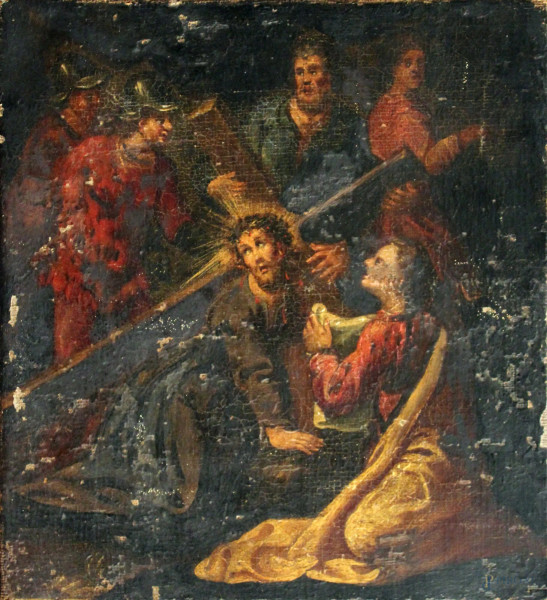Episodio della via Crucis, olio su tela, XVIII sec., cm 31,5 x 28,5, cadute di colore.