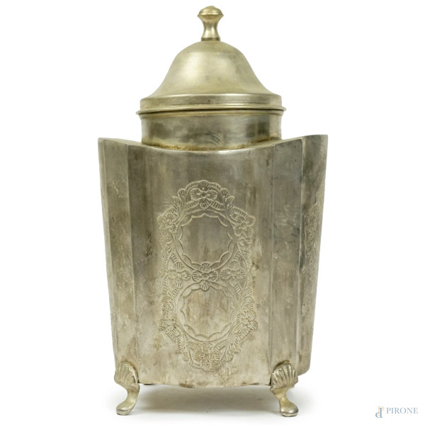 Biscottiera in silverplated, Windsor Collection English Sheffield, decori incisi, cm h 28,5