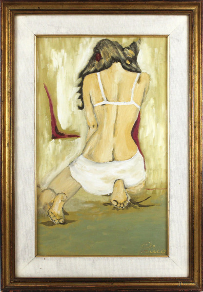 Donna di schiena, olio su tela, cm 50x30, firmato, entro cornice