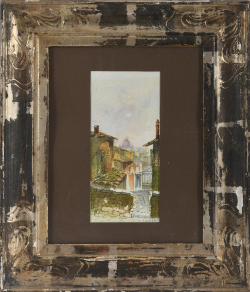 Dalla finestra, XX secolo, acquerello su carta, cm 19x9, entro cornice