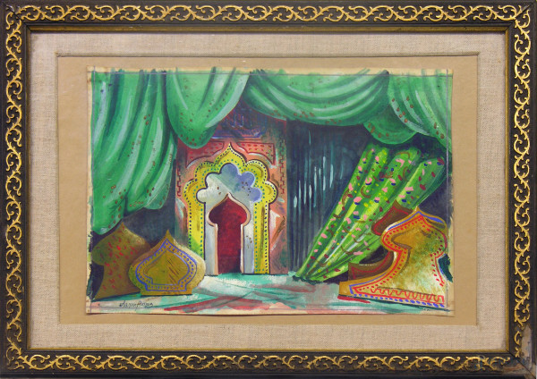 Artista del futurismo russo, Bozzetto futurista per la scenografia teatrale dell’opera Shahrazād di Nikolaj Rimskij Korsakov, tempera su carta, cm 18x27,5, firmato Aalim Petrov in caratteri cirillici, con cornice