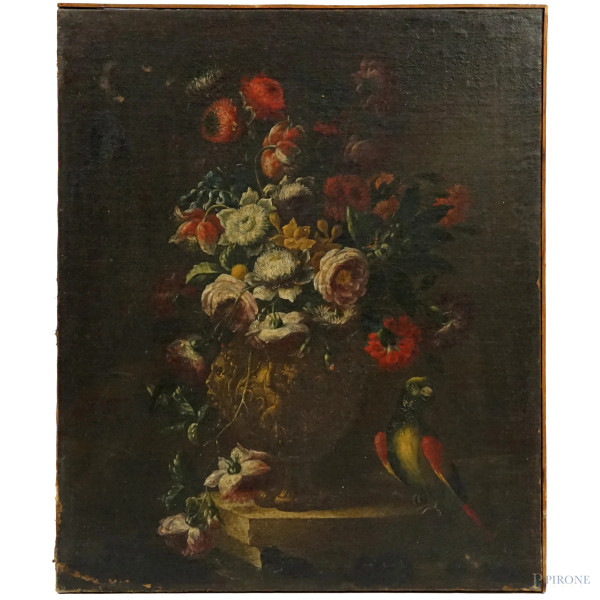 Cerchia di Andrea Scacciati (1642-1710), Natura morta con vaso di fiori e pappagallo, olio su tela, cm 62,8x75,3, (cadute di colore)