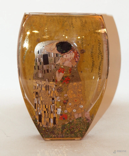 Vasetto in cristallo con riprodotto dipinto di Klimt, marcato Goebel, h.22cm