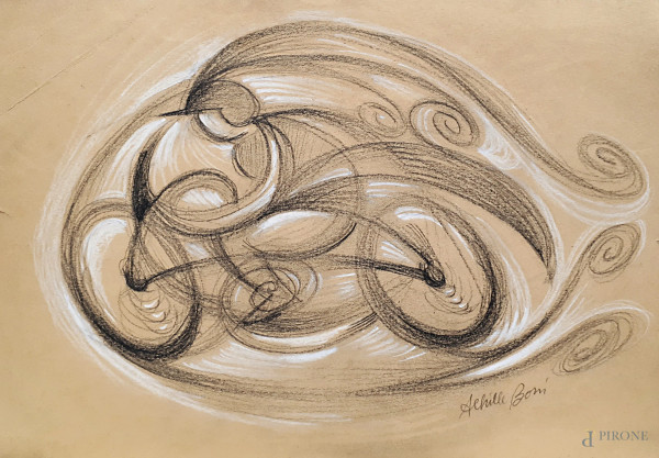 Velociclo futurista del maestro Achille Boni (XX sec.), grafite e rialzi di biacca su carta, cm 18x27, firmato